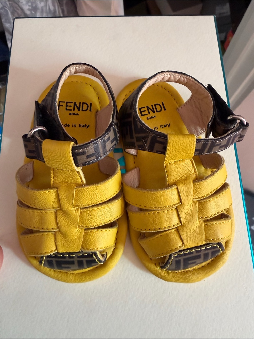 Fendi Baby Yellow Leather Fisherman Sandals with FF Logo Trim